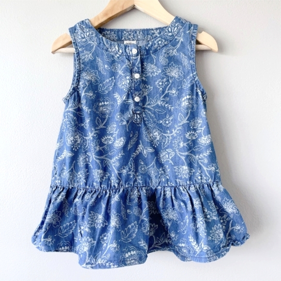 4/$15 OshGosh Chambray 5T girls shirts sleeveless peplum ruffle floral print top - Picture 1 of 4